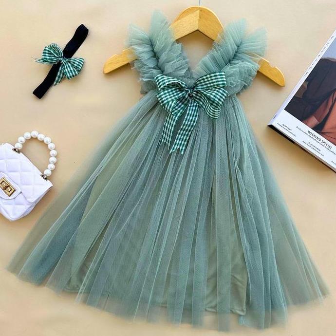 Ebijwaro- Dress Tutu Anak Gaun Sage Green Kekinian Terbaru Murah Bunga Tile Balita Ulang Tahun Pesta