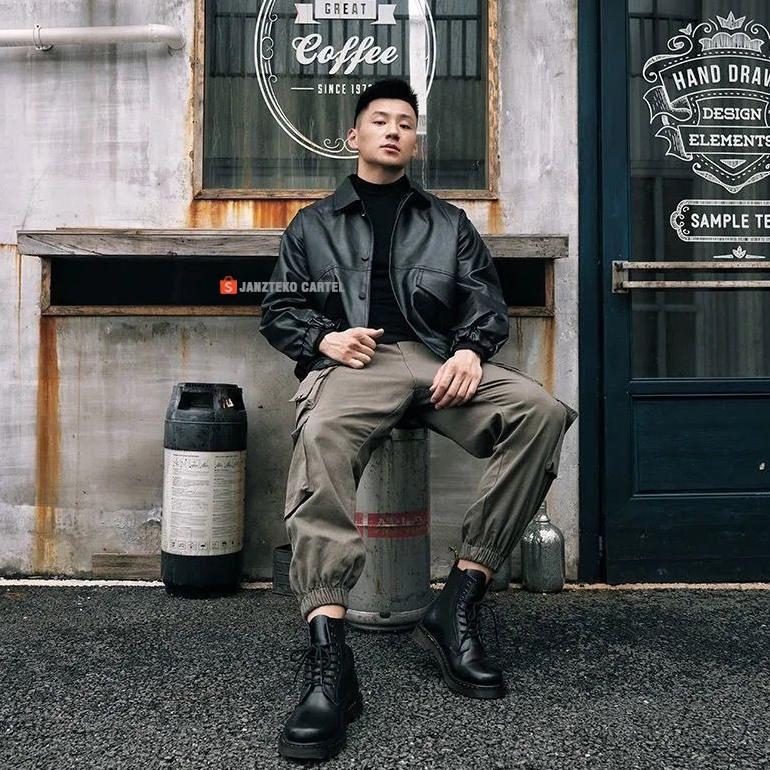 HOT JNK X MINJON - JAKET PRIA BOMBER TACTICAL OVERSIZE RETRO BAHAN SEMI KULIT SINTETIS VIENA FAUX SY