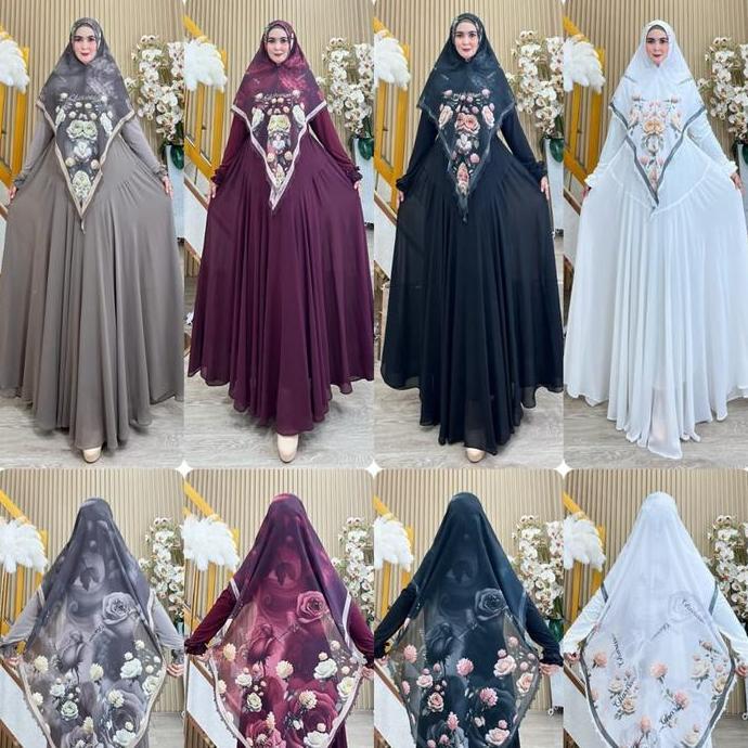 Uprelig- Laila Series Set Syari Printing Bunga Premium | Charissa SyarI | Gamis Mewah Lembut Cantik