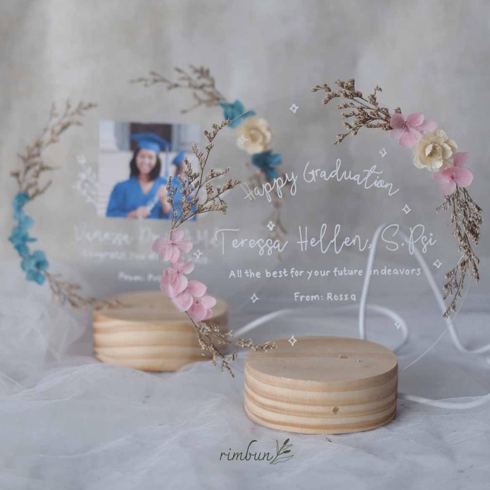 Olivia | Kado Hari Valentine Day - Dried Flowers Wooden LED Acrylic - Custom Tulisan di Akrilik - Ha