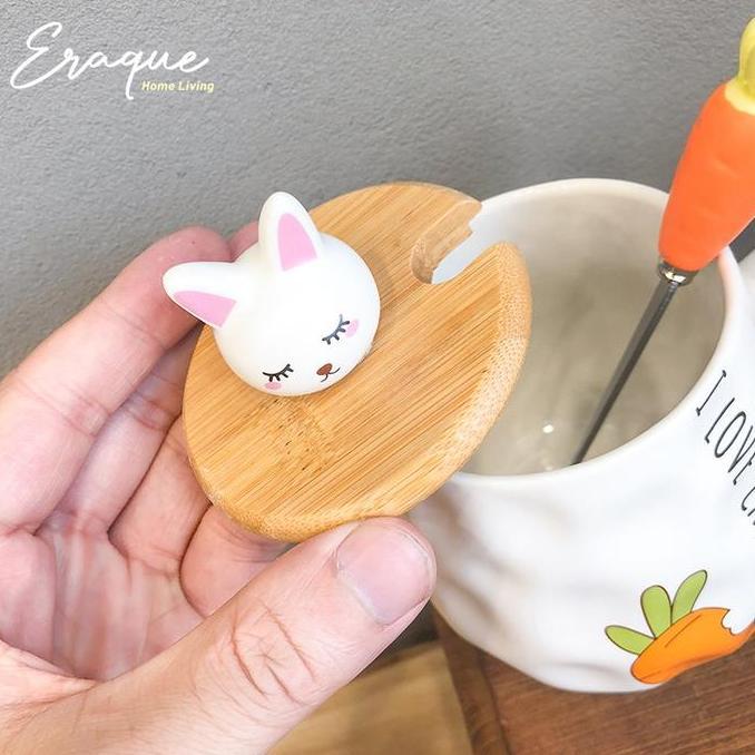 Bunny Mug Cup / Gelas Cangkir Motif Kelinci Keramik Dengan Tutup Kayu Lucu Imut AS