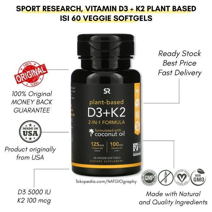 NEW SR SPORTS RESEARCH - VITAMIN D3 K2 - PLANT BASED - 60 VEGGIE SOFTGELS ORI