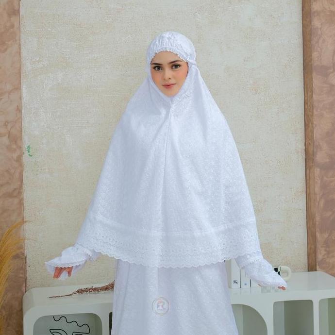 Heddosukafu- Raisma Muslim Wear - Kerudung Bergo Umroh Premium Warna Putih Hitam Katun Jepang Motif 