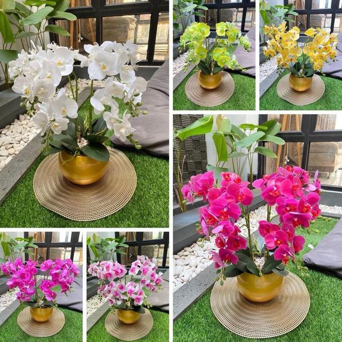 Anggrek Latek Film Premium 8 Cabang Vas Bola Bunga Gold Plastik dengan Batu Coral Diameter 18 cm Tin