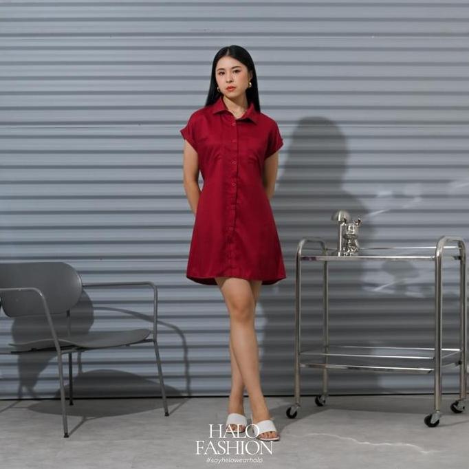Hose- [Halofashion] Kuina Button Tunik Dress Lengan Pendek Casual Chic Panjang Panjang Panjang Panja