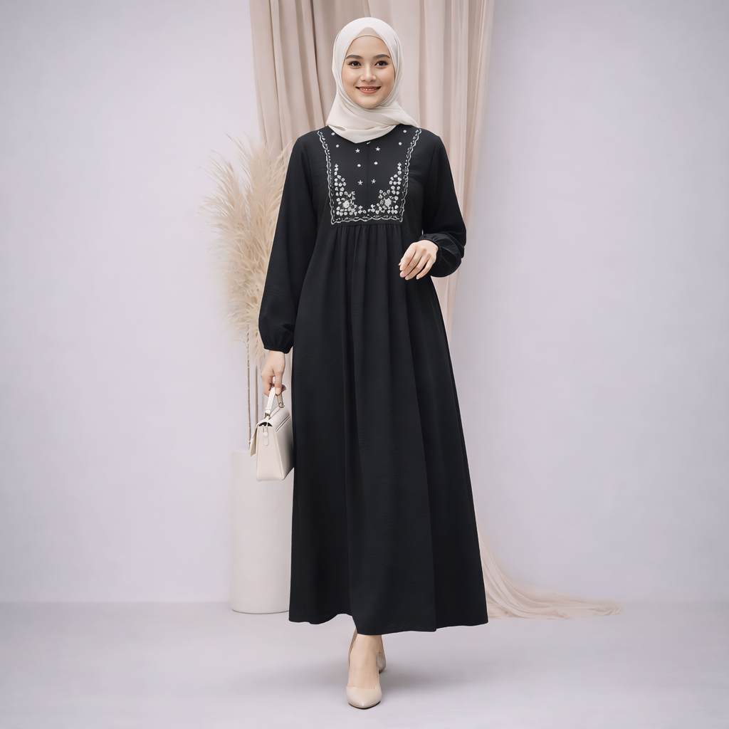 Gamis Aurel Putih – Dress Muslimah Premium Bordir Minimalis Elegant | Gamis hitam Premium Aurel – Dr