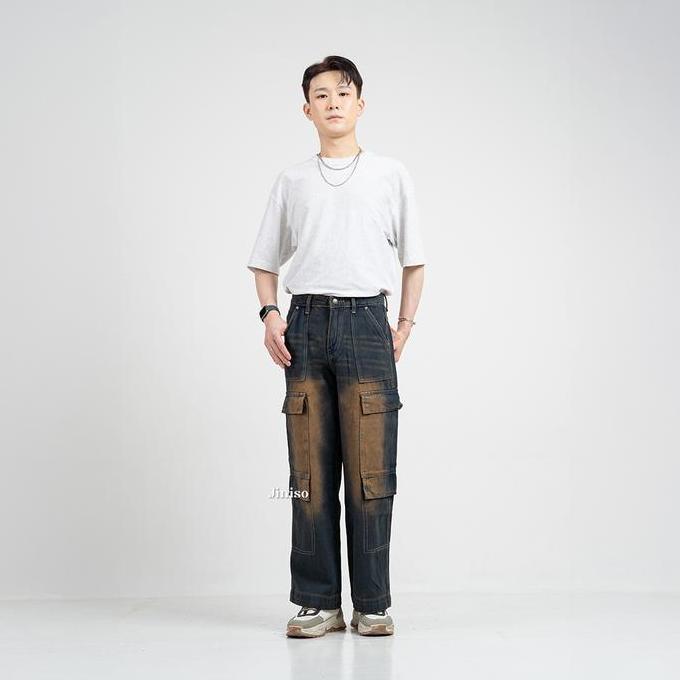 Hose- Jiniso Psycho - 553 Highwaist Cargo Loose Jeans Pria