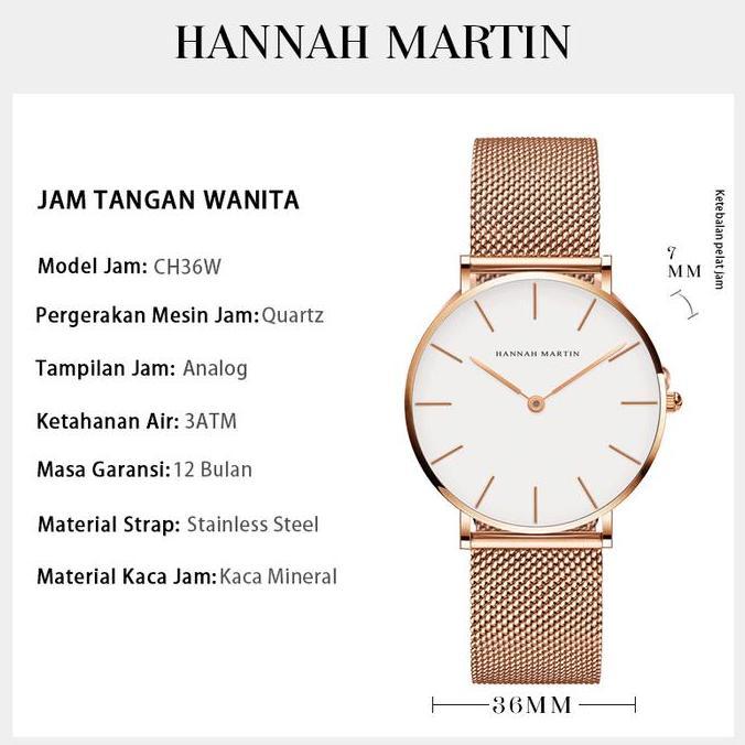 Frau- Hannah Martin Jam Tangan Wanita 100% Original Tahan Air Cewek Quartz Arloji Ch36W Watches