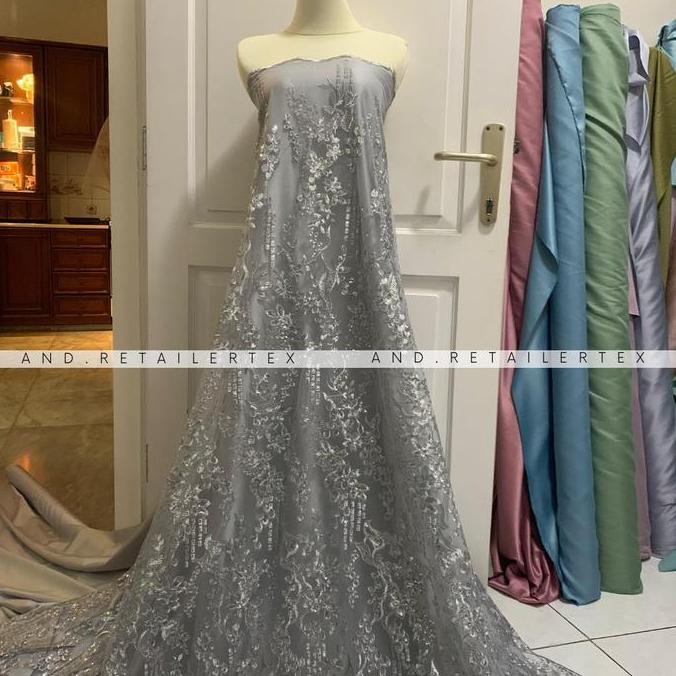 Kain Brokat Tile Full Payet Gracia Warna Silver Abu