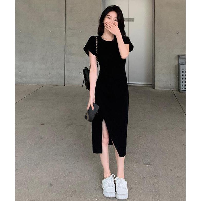 (7825) midi dress hitam press body panjang Wanita party dress Korean Style Aesthetic baju undangan w