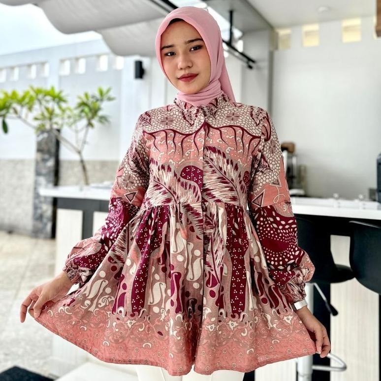 DISKON RASARAYA BATIK Chaya Blouse Wanita Katun - Atasan Batik Kerja Kantor Soft Pink Tangan Balon B