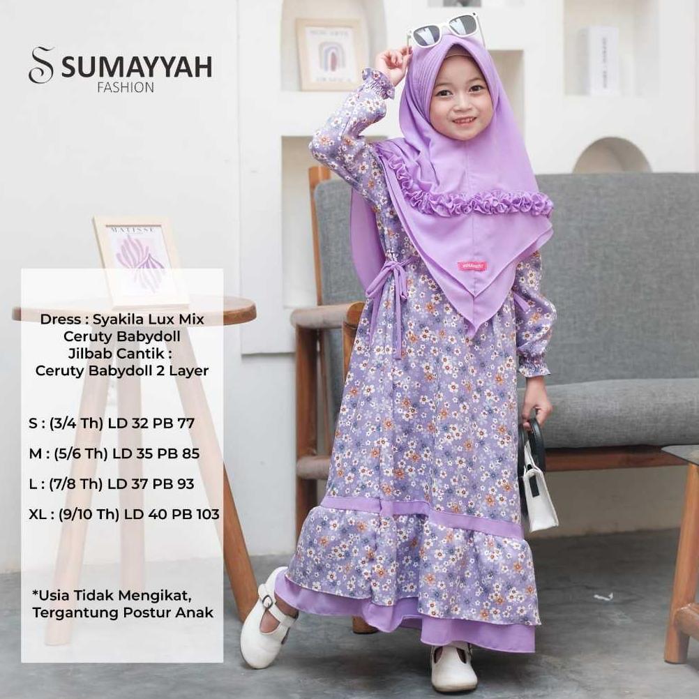 Termurah Gamis Dress Muslimah Anak Khumaero Syar'I Bahan Shakila Motif Bunga Set Plus Jilbab Ceruty 