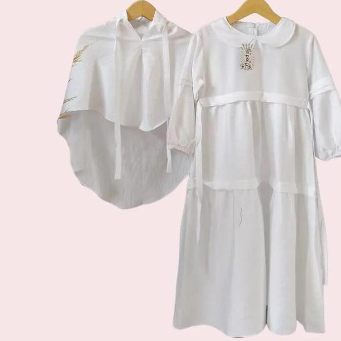 Otokonoko- Gamis Anak Perempuan Muslim Hitam Putih Free Kerudung Bahan Katun Linen Usia 3-12 Tahun