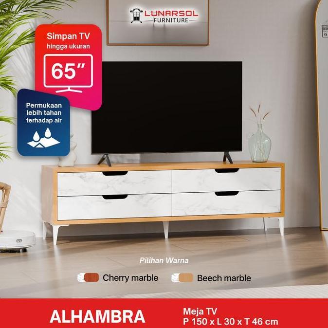 LUNARSOL Furniture Alhambra 150 Rak TV Modern 65 Inch dengan 4 Laci Besar Bahan Grade A Hardwood Mar