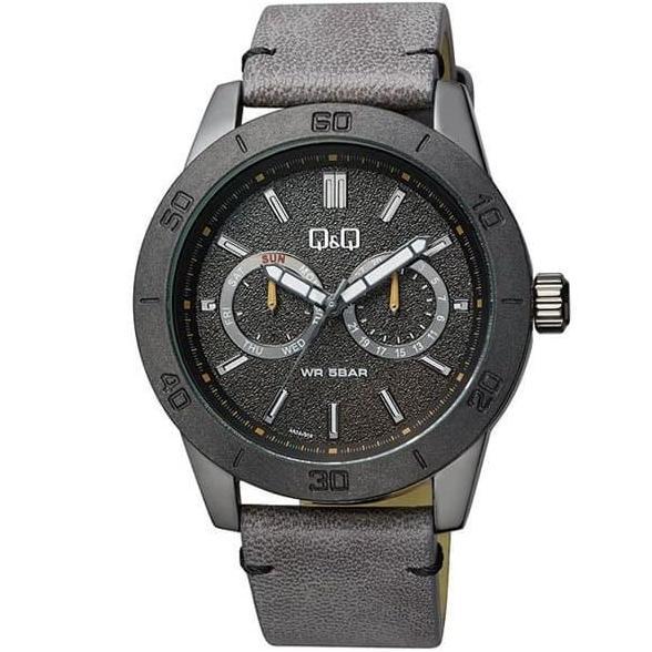 Q&Q QQ Analog Jam Tangan Pria Strap Kulit Abu AA34J502Y Original
