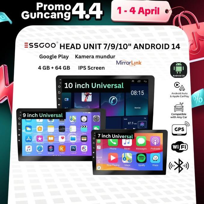 ESSGOO Head Unit Android 14 mobil 4G+64G  7/9/10 Inch 2 Din Kontrol Suhu Cerdas IPS Layer Mobil Navi