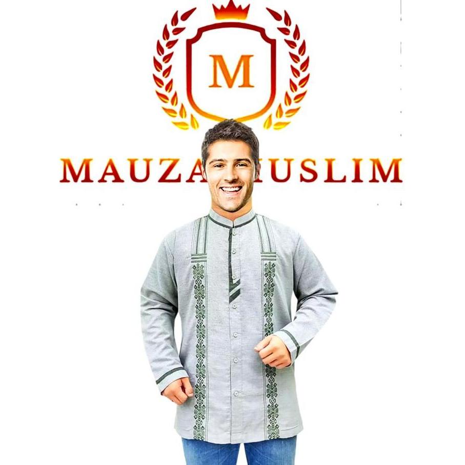 MAUZA MUSLIM Baju Koko Pria Dewasa Lengan Panjang Motif Bordir Bahan Katun Cordova Kancing full keba