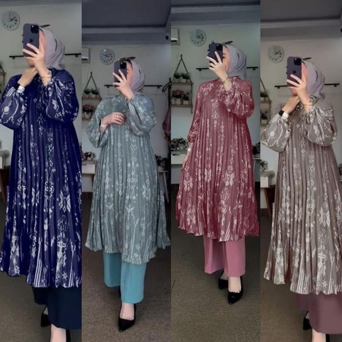 Bwy - One set long tunik plisket Keisha setelan tunik  panjang plisket wanita jumbo