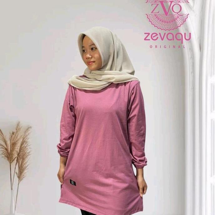 Atasan tunik kaos muslim wanita warna dusty pink lengan panjang ujung tangan karet kurut bagian bawa