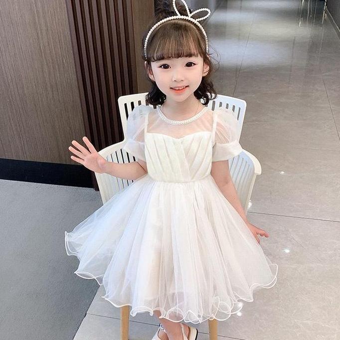 [KIDSFASHIONKOLEKSI] Dress Gaun Annika White Tile Transparant Lace Anak Perempuan