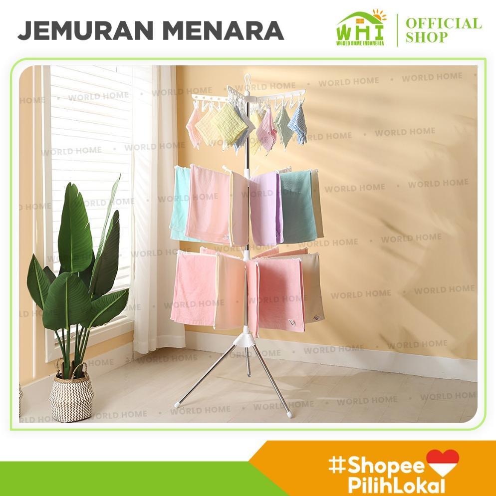 World Home Jemuran Gantungan Baju 3 Susun Jemuran Menara Lipat Stainless Jemuran Baju Kecil