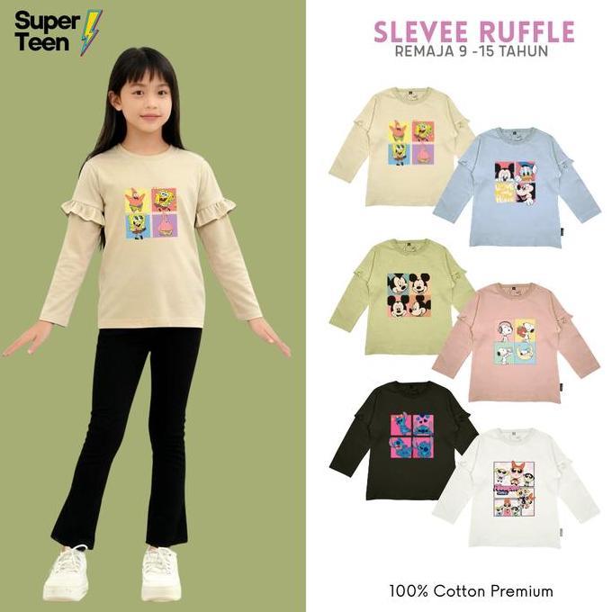 Baju Kaos Anak Perempuan Remaja Tanggung Katun Lengan Panjang Motif Spongebob Snoopy Micky Mouse  9 