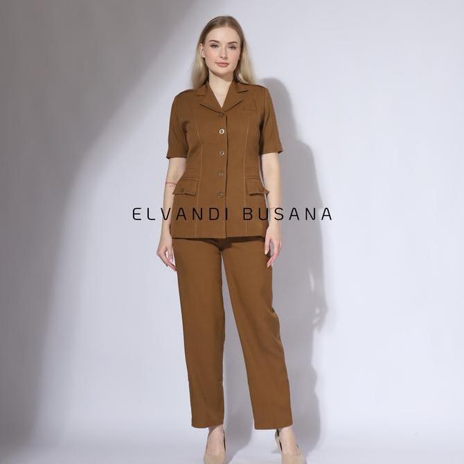 Setelan Jas Wanita Blazer Model Tiga Saku Khaki Tua Seragam Guru Baju PNS & Pemda - 6605 Setelan Cel