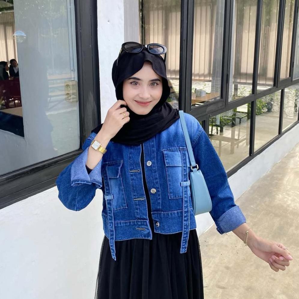 Garansi Emweha Fuji Jaket Crop Jeans Denim Oversize Cewek Pocket Variasi Tali Denim