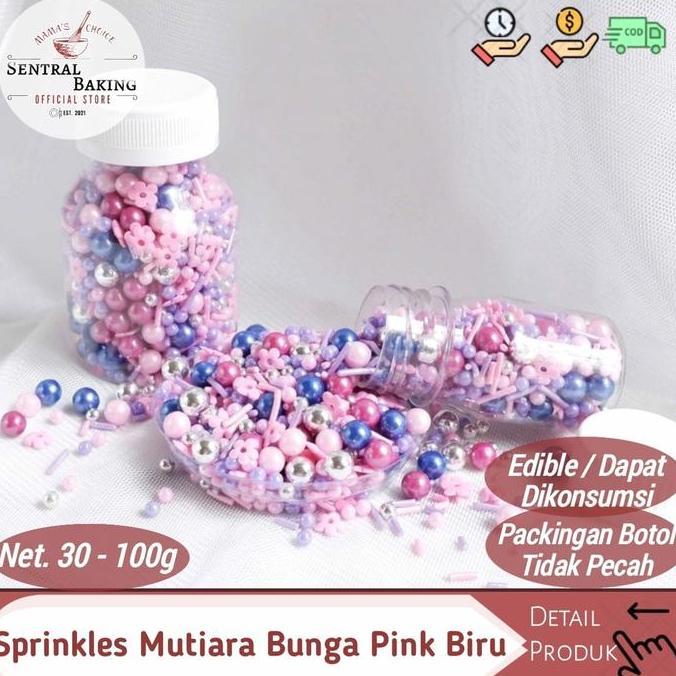 Ready Stock Sprinkle Kue Mutiara Bunga Pink Biru / Springkel Springkle Hiasan Kue