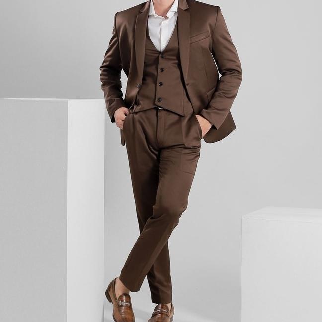 3 In 1 Set Jas Formal Pria Tuxedo Warna Coklat Cokelat Setelan Pria Blazer  Rompi Vest Celana Bahan