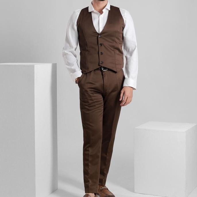 Diskon 3 In 1 Set Jas Formal Pria Tuxedo Warna Coklat Cokelat Setelan Pria Blazer  Rompi Vest Celana