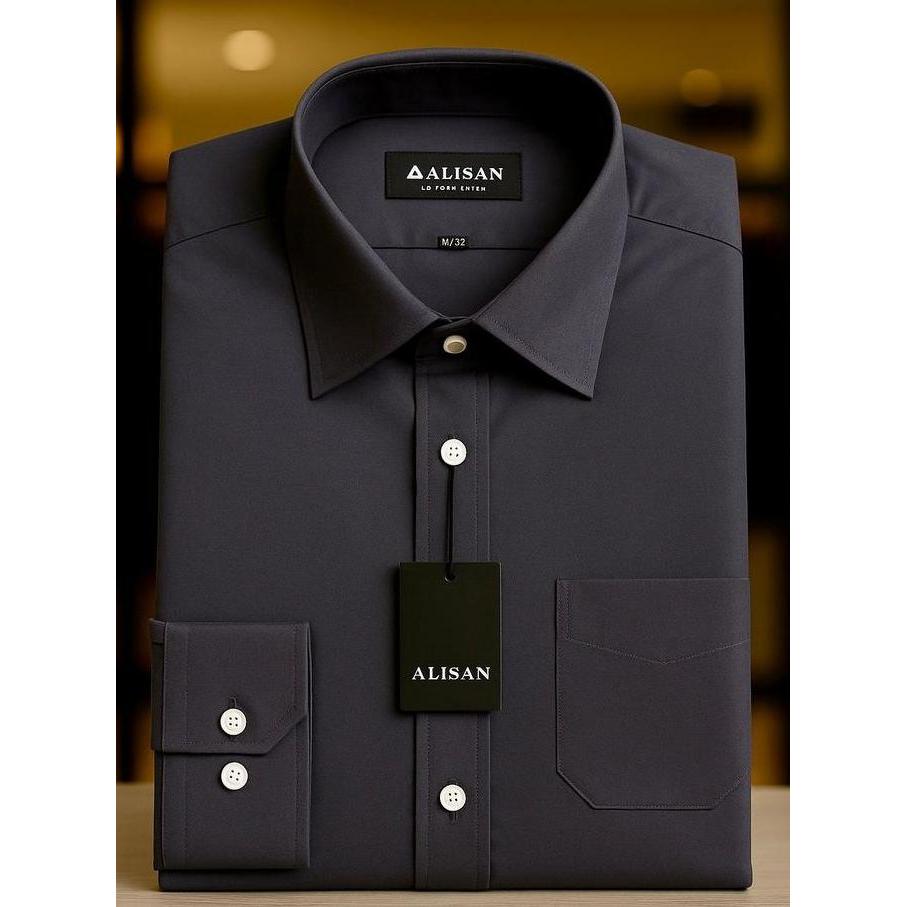 OOTD ALISAN Kemeja Formal Pria Polos Abu Tua Slimfit Lengan Panjang Berdasi Premium Katun Lembut  Se