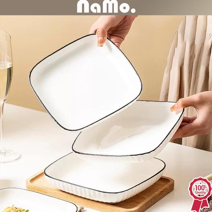 TERBARU Namo Gift - Piring Makan Kotak Keramik Putih List Black Yamada Style/ Piring Persegi Japanes