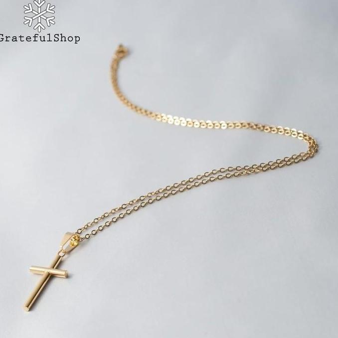 Kalung Salib Gold Pipe (Cross necklace Stainless Steel) (ANTI KARAT) (FREE POUCH) jewellery rantai