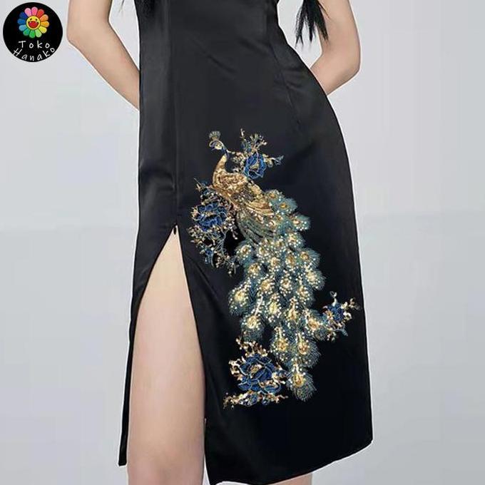 LOGPEF Bordir Burung Merak Full Payet 47cm Bordir Dada Payet Bordir Merak Tempel Payet Bordir Tempel