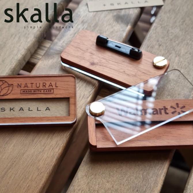 Skalla name tag premium reusable kayu akrilik papan nama dada wooden custom