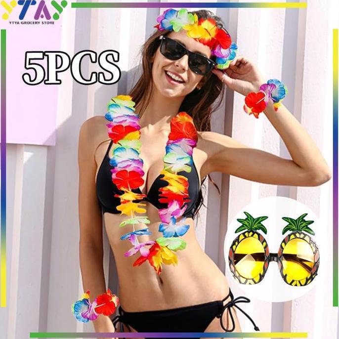 TENNIME 5pcs Kalung Penyambutan/Rok Hawai Rumbai/Kalung Bunga Hawai/Gelang Hawai/Dan Mahkota Hawai