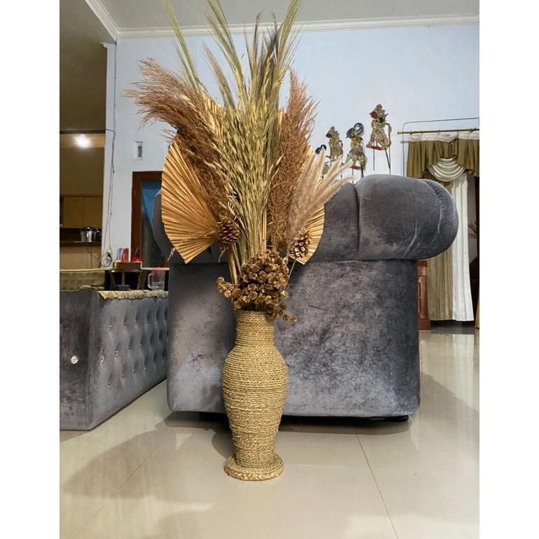 Paket Lengkap Bunga Dan Pot | Daun Palem Kering | Bunga Kering | Pampas | Rayung | Dekorasi Rustic |