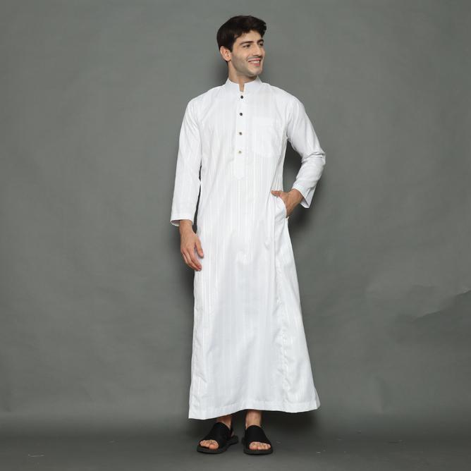 Gamis Pria Arab Jubah Pria Putih Thobe Motif Salur Lengan Panjang Muslim Remaja Dewasa
