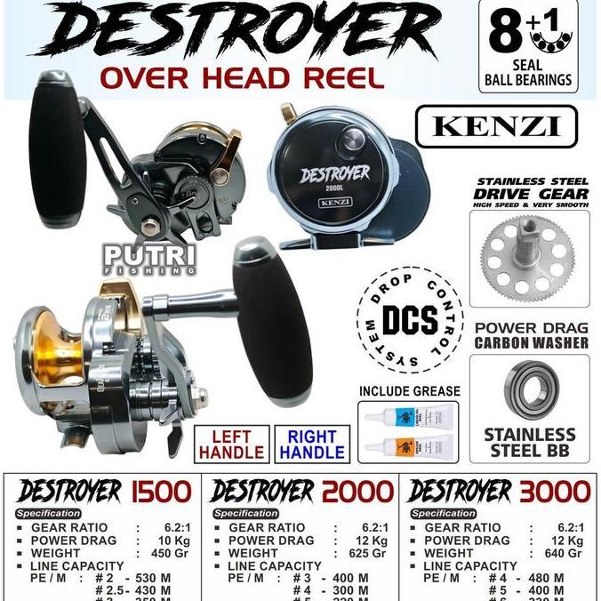 Reel Destroyer 1500 2000 3000 Overhead | Reel Pancing Laut Kuat 8+1Bb Drag 10-12Kg Left/Right Handle
