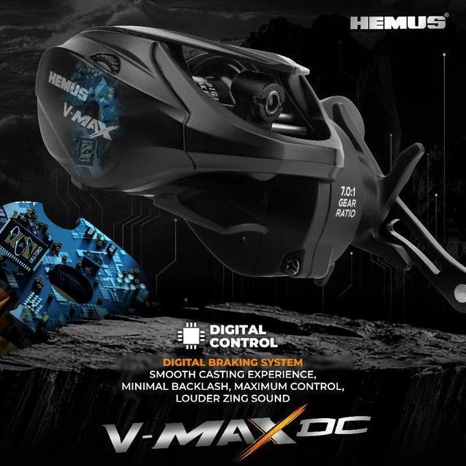 Hemus Vmax Dc Reel Pancing Baitcasting Bc Buzzer Digital Control System Rasio Gigi 7.0:1 Bahan Serat