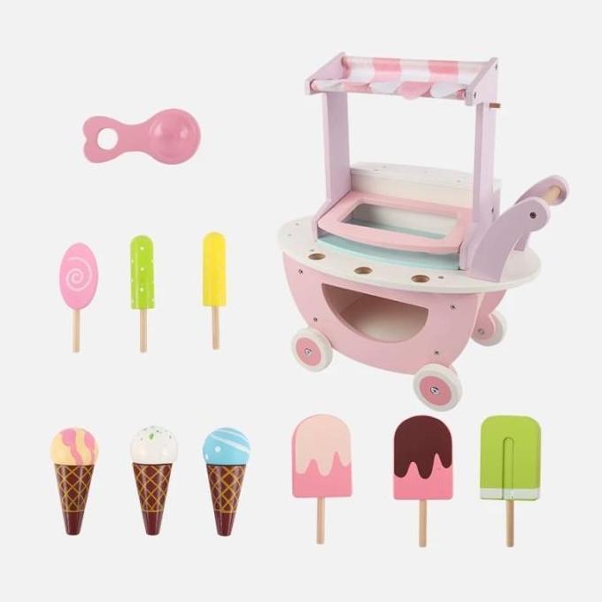 Trolley ice cream mainan edukasi kayu es krim gerobak dorongan anak
