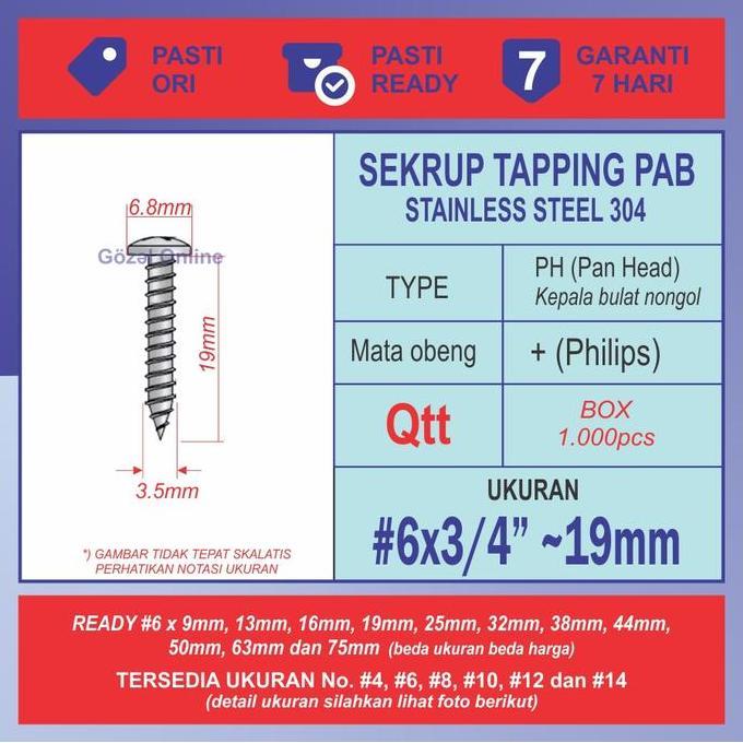 Sekrup stainless PAB no. 6 x19mm - ST 3.5 x 3/4" - BOX isi 1000pcs