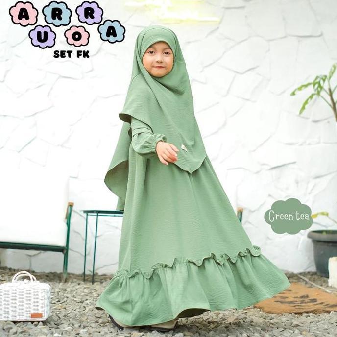 SY- Gamis Anak Perempuan Syar'i Aurora Set Frenckhimar Denim Size 3-11 Tahun Bahan Crinkle Airflow N
