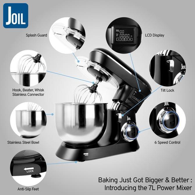 Joil Stand Mixer 7 Liter dengan Timer Off 6 Speed Mangkuk Stainless Steel Lengkap dengan 3 Alat Peng