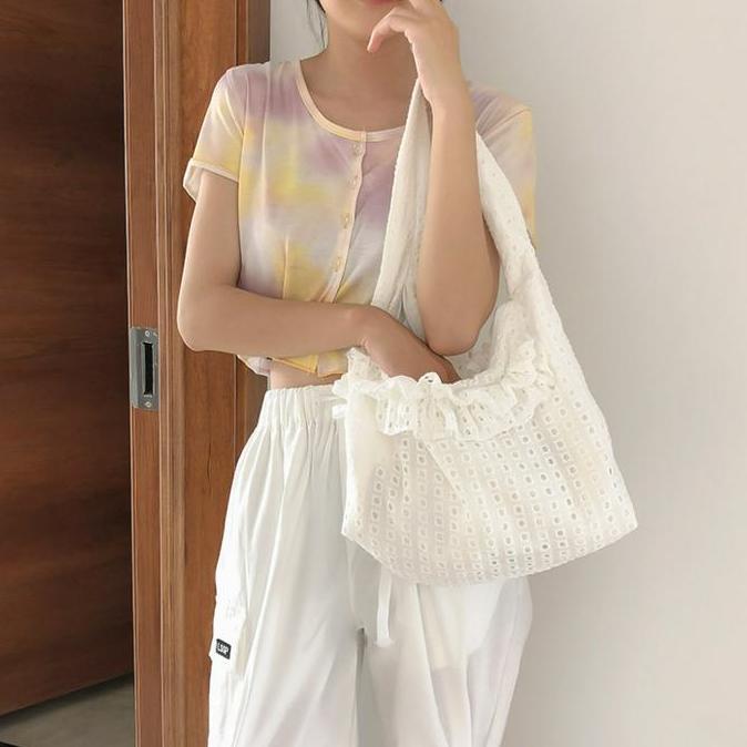 TC-40 tas kain kerut renda putih wanita import jepang shoulder bag murah
