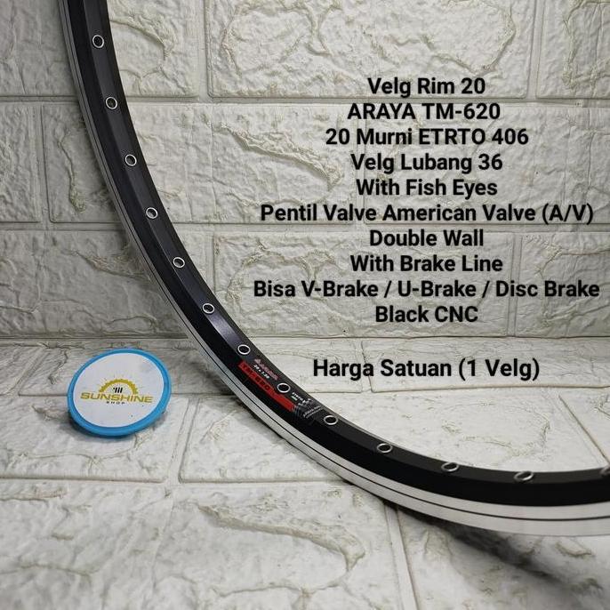 Rims Velg BMX 20 ARAYA TM620 Murni 406 Rim Lubang 36H Mata Ikan Alloy Double Wall Brake Line BLACK C