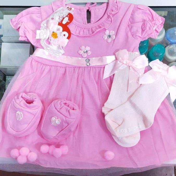 Dress bayi pink/Dress bayi tutu + bando + sepatu + hanger / baby set / kado bayi cewek
