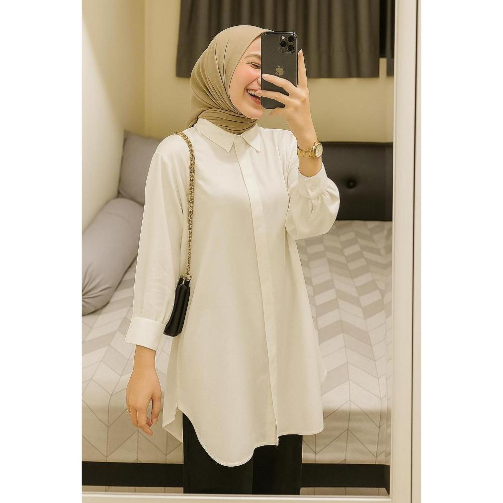 Paket Hemat Kemeja Tunik Polos Wanita Tangan Panjang Premium Bahan Rayon Twill Warna Merah Putih Hit