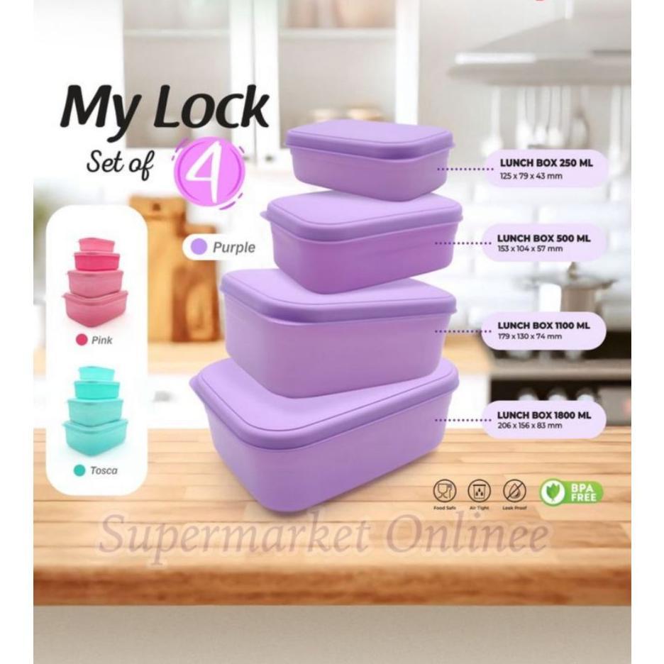 Toples Kotak Serbaguna Mylock Set 4Pcs / Lunch Box Set Isi 4 / Tempat Makanan Bekal Rantang Piknik T